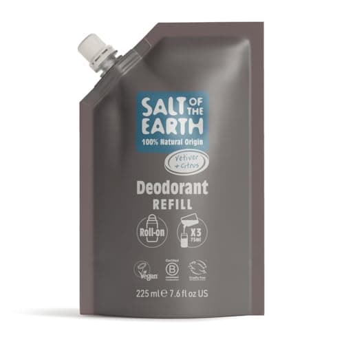 Image of Salt of the Earth - Natural Deodorant Roll On Refill Pouch, x3 Uses - Vetiver & Citrus - Vegan, Long Lasting Protection, Made in the UK - 225ml