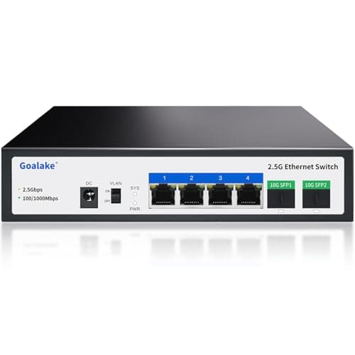 Image of Goalake Umanaged 4 Port 2.5G Switch, 4 x 2.5G Base-T Ports, 2 x 10G SFP+, 60Gbps Switching Capacity, Metal, Fanless, 2.5G Multi-Gigabit Desktop Switch for Wireless AP, NAS, PC, Wall Mount. Plug & Play