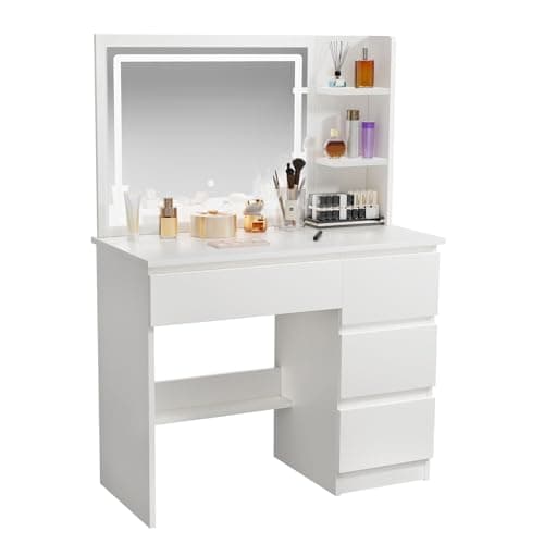 Image of ZenkiHome Dressing Table with Mirror and Adjustable LED Lights, 80cm Wide Vanity Desk with 4 Drawers, White