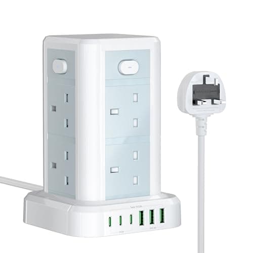 Image of Tower Extension lead with USB Slots, Toomke 8 Way (13A/3250W) Plug Extension Socket Tower with 3 USB C and 3 USB A, Overload Protection Extension Cord with 4 Independent Switches, Power Cord 1.8M