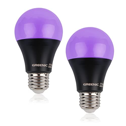 Image of Greenic Black Light Bulbs UV LED Bulb with E27 Base, 8W (60W Equivalent), Glow in The Dark Blacklight Bulb UV Lamp, Ultraviolet Fluorescent Purple Lamp for Halloween Home Party Stage Lighting 2 Pack