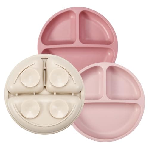 Image of PandaEar Silicone Baby Plates - 3 Pack, Suction, Divided, Weaning & Dinner Set, BPA-Free (Pink, Linen, Light Pink)