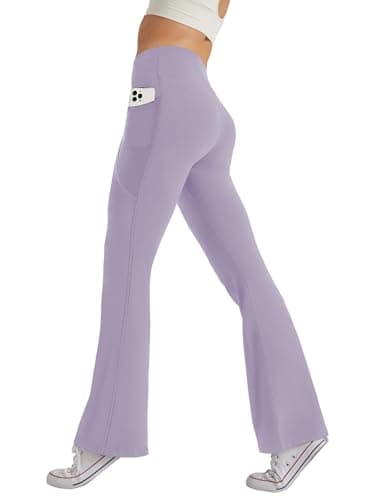 Image of Glacspyg Yoga Pants Women with Pockets Leisure Jogging Pants High Waist Sports Pants Elastic Wide Bootcut Jazzpants Purple S