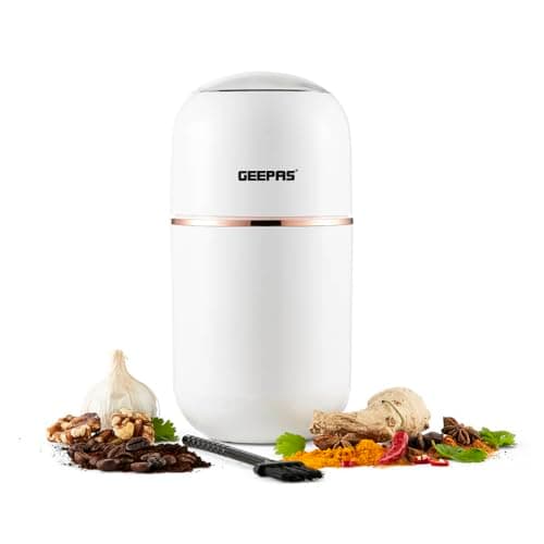 Image of Geepas Coffee Grinder 80 g Capacity | Stainless Steel Bowl & Double Blades | Electric Dried Spice Nuts Herbs Beans Coffee Grinder | Small Fixed Mill with Transparent Lid | 2 Year Warranty, 200W, White