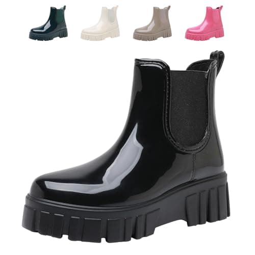 Image of DRECAGE Wellies Women Waterproof Stylish Wellington Boots Short Chelsea Ladies Chunky Sole Rain Boots Outdoors Walking Black 4 UK