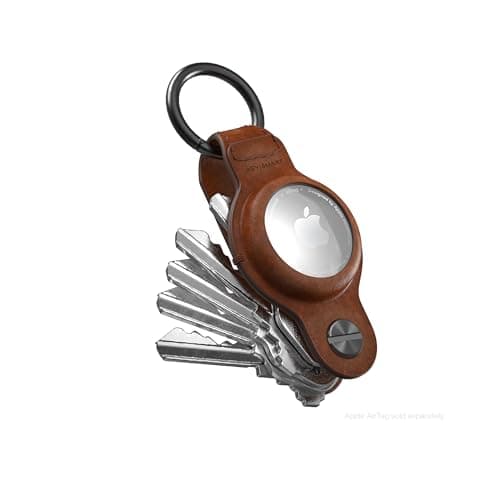 Image of KeySmart Air Tag Holder and Key Organizer, Genuine Leather Case for Apple Airtag with included Carabiner Key Ring for Key Fobs or Car Keys for Men Women, Compact Key Holder Up to 5 Keys, Brown