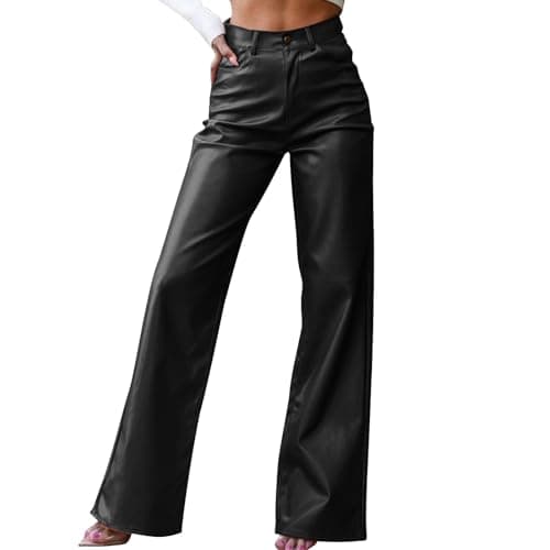 Image of Faux Leather Trousers Women Wide Leg High Waisted Wet Look Leather Yoga Pants Tummy Control Palazzo Trousers Lounge Pants Loose Fit Comfy Soft Bottoms for Evening Vacation Work Party Night Out Black