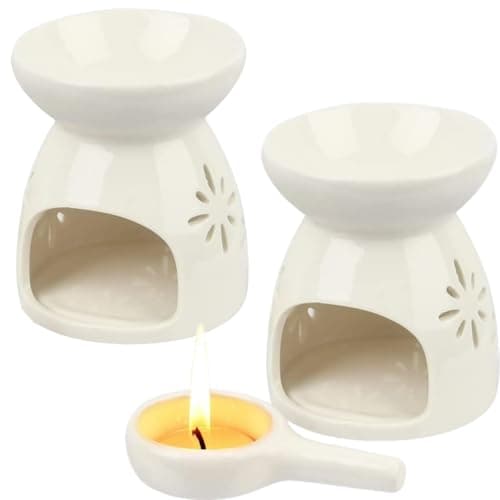 Image of Set of 2 Floral Ceramic Wax Melt Burners - Essential Oil Diffusers with Tealight Holders for Home Aromatherapy - Elegant Wax Warmers Gift Set for Bedroom Decor