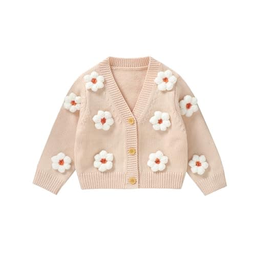 Image of Qianderer Baby Toddler Girl Cardigan Sweater Floral Long Sleeve Jumpers Coats Knitted Clothes Warm Fall Winter Outfits (Apricot, 2-3 Years)