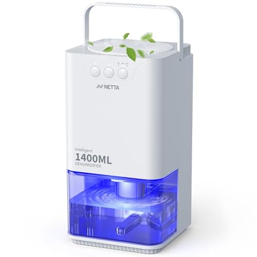 Image of NETTA Mini Dehumidifier for Home Damp - 1400ml Portable Dehumidifier with 24Hr Timer & Auto Shut Off - Ultra Quiet Small Dehumidifier for Bedroom, Bathroom, Wardrobe & Closet – 7 Color LED - White