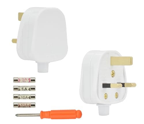 Image of Fit4Less UK Plug 3 Pin fused 13Amp, spare fuses 3A 5A 10A 13A, installing screw driver all in one package, white color pair pack.