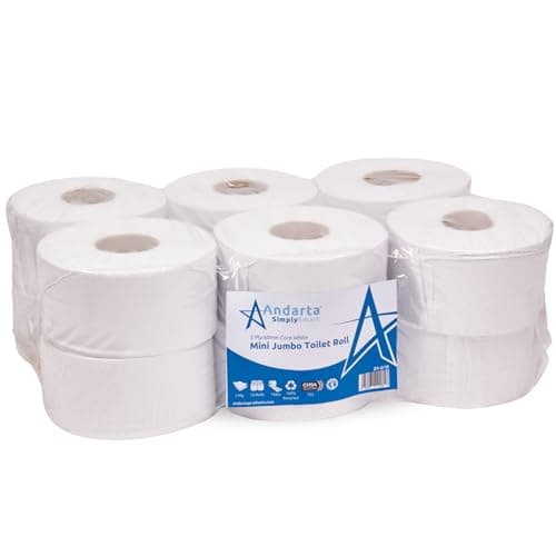 Image of Andarta - 62mm Core 2Ply Mini Jumbo White Toilet Rolls - Pack of 12 High Capacity Toilet Roll - 150m Per Roll - Made from Recycled Materials - Suitable for All Jumbo Dispenser