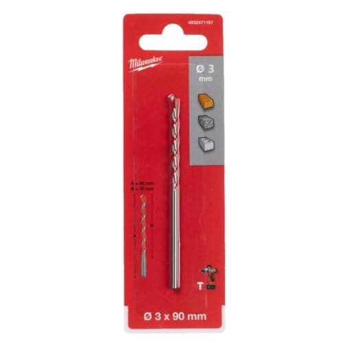 Image of Milwaukee 4932471167 Premium Concrete Drill Bits 3 Sided Shank, 3 mm Diameter, 90 mm Long