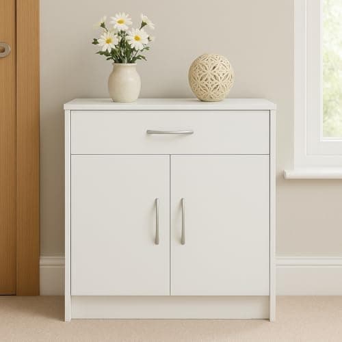 Image of Home Treats White Wooden Sideboard Cabinet for Living Room, Dining Room, Hallways with 1 Drawer and 1 Shelf H 73x D 38x W 60cm
