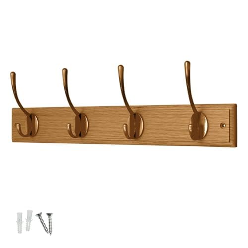 Image of Keypak 4 Hook Oak Effect Wall Mounted Coat Rack with 4 Antique Brass Double Hooks - Heavy Duty Wooden Board for Coats, Hats, Bags, Tools Space Saving Wall Storage Organiser