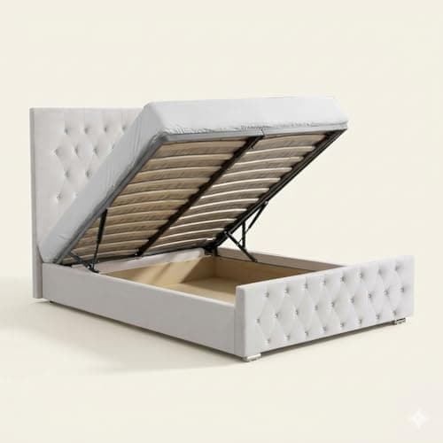 Image of Single Ottoman Storage Bed Frame Silver Plush Velvet Chesterfield Headboard & Footboard