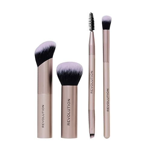 Image of Revolution On The Glow Travel Brush Set, Face Makeup Brushes, Synthetic Bristles, For Sculpting, Buffing & Blending, Pack of 4, Vegan