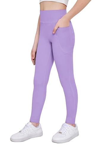 Image of Arshiner Girls Leggings Purple Kids Full Length Sports Leggings Plain Sports Trousers Basic Elastic Jeggings Jogging Training Yoga Trousers with Pockets 13-14 Years