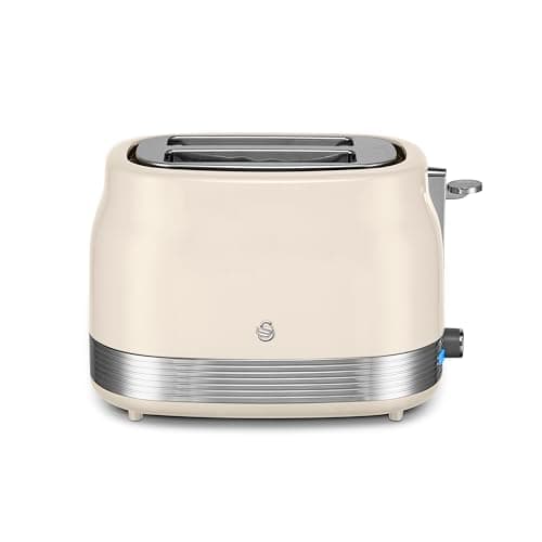 Image of Swan ST19028C Retro 2 Slice Toaster with 6 Browning Levels for Toast, Bagels, Breakfast Muffins, Defrost/Reheat/Cancel, Hidden Cord Storage, Non-Slip Feet, 930W, Cream and Stainless Steel