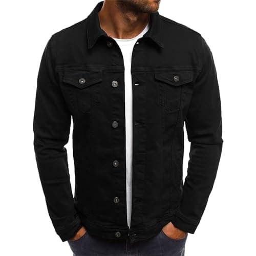Image of amropi Mens Denim Jacket Button Down Casual Outerwear Jean Jackets Black, XS