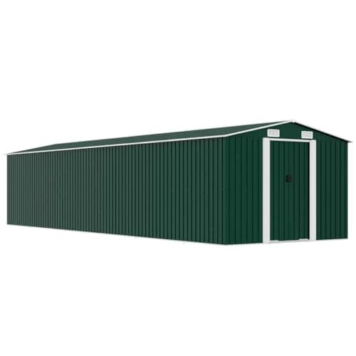 Image of "vidaXL Large Outdoor Garden Shed in Green Galvanised Steel with Double Sliding Doors, Ample Storage Space, Excellent Ventilation Size 257x779x181 cm"