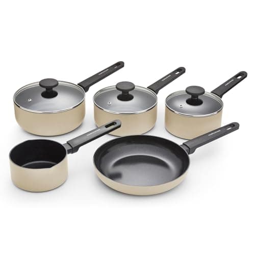 Image of Morphy Richards 5-Piece Saucepan Set, Recycled Aluminium, 14cm Milk Pan, 23cm Frying Pan, 16cm, 18cm & 20cm Saucepan, Non Stick Coating, Soft Touch Handles, Suitable for All Hobs, Cream