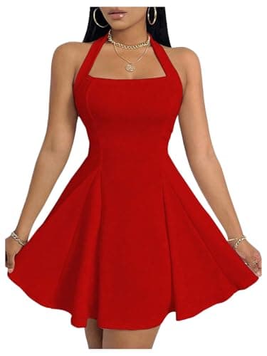 Image of GORGLITTER Women's Halter A Line Mini Dress Sleeveless High Waist Swing Party Cocktail Dresses Red XS