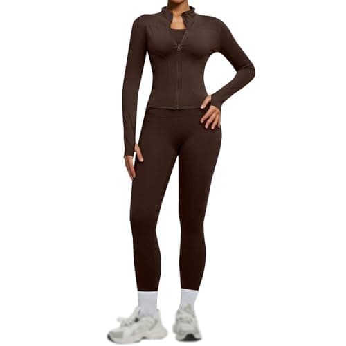 Image of Womens Clothes Ladies Gym Wear Gym Sets for Women 2 Piece UK Long Sleeve Zip Up Cropped Jackets with Thumb Holes High Waist Leggings Tummy Control Seamless Fitness Running Workout Yoga Outfits