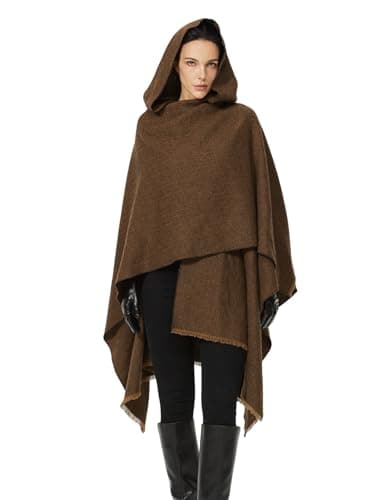 Image of BEAUTELICATE Women Hooded Cape Coat Unisex Wool Blend Cloak with Hood Oversize Vintage Poncho Cardigan Shawl Wrap for Winter Fall Medieval Halloween Christmas Cosplay One Size Brown