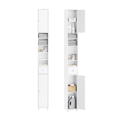 Image of SoBuy Tall Bathroom Cabinet 20cm Wide - Freestanding Slim Bathroom Storage Unit - Water-Resistant MDF with Adjustable Shelves and Drawer,Compact Storage Cupboard, White, W20 x D20 x H180cm BZR34-II-W