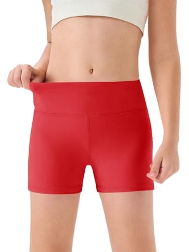 Image of Haloumoning Girls' Shorts, Summer Short Leggings, Children's Plain High Waist Cycling Shorts, Yoga, Dance, Gym, Sports Leggings, Under Skirt, Short Trousers, 5-14 Years, Red, 9-10 Years