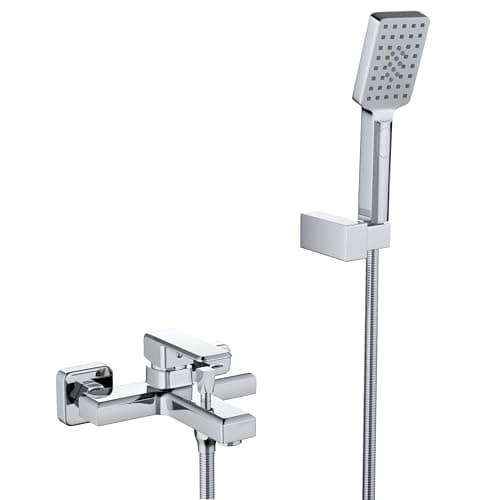 Image of MORADO Single Lever Shower Mixer,Wall Mounted Single Lever Bath Tap with 150CM Shower Hose and 3-Function Shower Head,Solid Brass,Chrome Finish,Square Shape,Wall Mounted