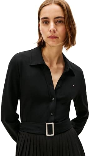 Image of Tommy Hilfiger Women's Interlock Mix Media Polo DRS LS WW0WW48398 Polo Dress, Black, XL