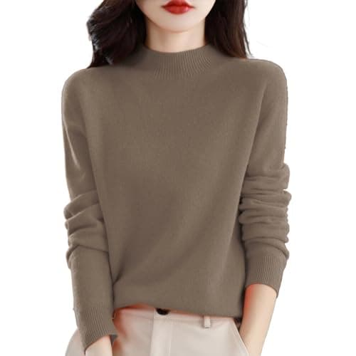 Image of Cashmere Jumpers Ladies Women's Semi Turtleneck Sweater Long Sleeve Solid Color Pullover with A Base Shirt Autumn and Winter Warm Loose Sweater Womens Sweaters and Jumpers UK Sales Christmas Sweater