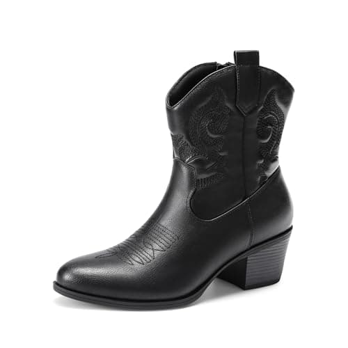 Image of DREAM PAIRS Women's Western Cowboy Cowgirl Embroidered Ankle Boots Fashion Low Chunky Heel Round Toe Fall Short Booties Shoes,Size 6,Black,SDAB2432W