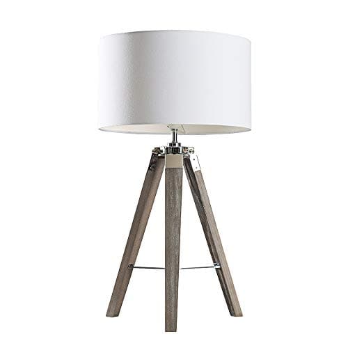 Image of MiniSun | Modern Light Wood and Chrome Tripod Table Lamp with a White Drum Shade | Table Lamps, Home Décor & Improvement Essential | Includes Bulb [3000K Warm White]