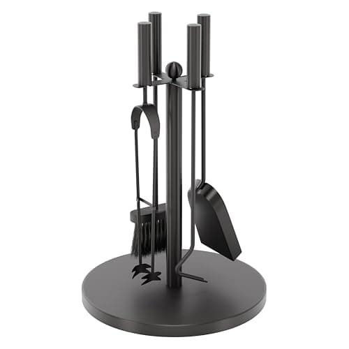 Image of Fire Vida 5 Piece Warwick Fireplace Companion Set – Black Iron Fireside Tool Kit with Stand – Includes Poker, Tongs, Shovel & Brush – Ideal for Wood Burners, Fire Pits & Coal Stoves