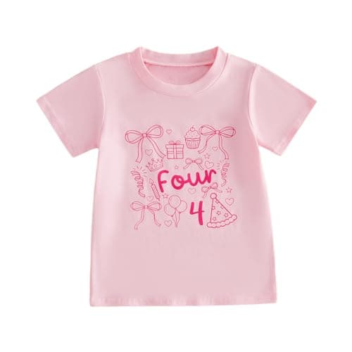 Image of Himllauen Toddler Baby Girls Summer Birthday Shirts Number Letter Print Short Sleeve Crew Neck Cute T-Shirt Little Girls Birthday Summer Clothes Tops 1-6 Years (Pink Bow 4, 4-5 Years)