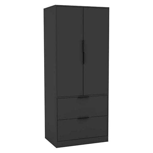 Image of URBNLIVING 2 Door 2 Drawer Minimalist Bedroom Black Wardrobe Storage & Hanging Rail Modern Furniture with Clothes Shelf for Home Organiser Unit 179cm H x 74cm W x 50cm D