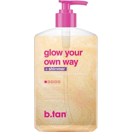 Image of b.tan Clear Gradual Self Tan Gel | Glow Your Own Way Shimmer - Sunkissed Golden Bronze, Transfer Free, Best Extender, Moisturizing, Non Toxic Sunless Tanning Lotion, No Fake Tanner Smell, 473 ml