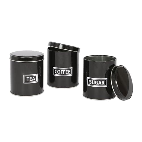 Image of Harbour Housewares 3pc Tea Coffee Sugar Canisters Set – Black Round Metal Kitchen Storage Tins with Airtight Lids – Modern Industrial Food Caddy Containers for Countertop Organisation