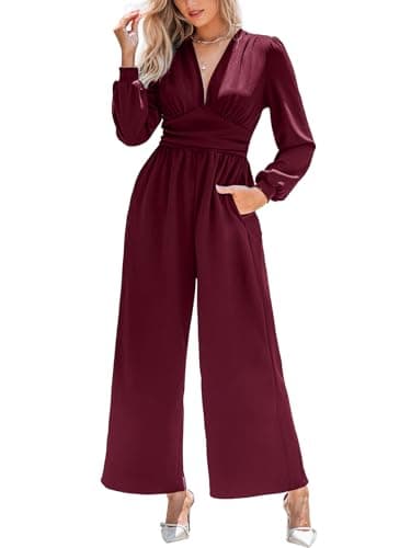 Image of CUPSHE Womens Jumpsuit Plunging V Neck Long Puff Sleeve Overall Wide Leg Elegant Playsuit with Pockets