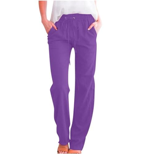 Image of Generisch Women's Trousers with Waist and Wide Leg, Casual Trousers with Drawstring, Elastic Trousers, Comfortable Long Trousers with Straight Leg and Pockets, purple, XXL