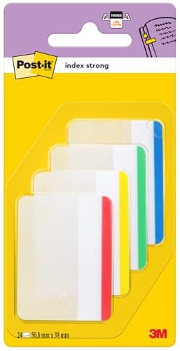 Image of Post-it Index Strong Filing Tabs, Large, Assorted Colours - 50.8 mm x 38.1 mm Pack of 24 - to Mark, Highlight or Colour Code Important Information