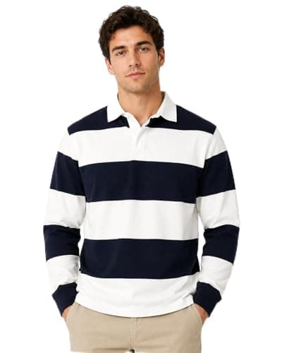 Image of Gaffer Mens Rugby Shirt Long Sleeve Polo Top Plain Single Stripe Multi Stripe Classic Casual Sports Workwear White Navy - Multi Stripe M