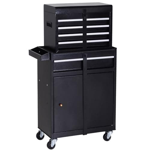 Image of DURHAND Tool Chest 2 in 1 Metal Tool Cabinet Storage Box with 5 Drawers Pegboard Wheels 60x28x104.5cm Black