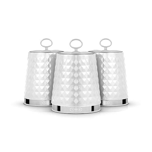 Image of Tower T826207WHT Solitaire Set of 3 Canisters, Mirror Finished Steel Lid with Round Loop, Airtight, White