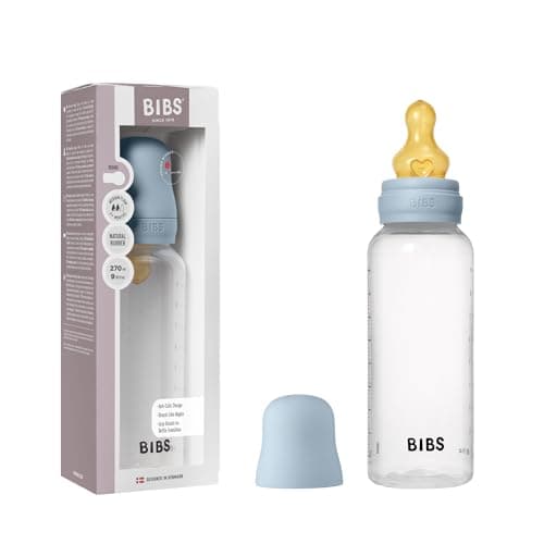Image of BIBS Baby Bottle 270 ml Natural Rubber Latex Nipple - Anti-Colic, BPA-Free, Round Nipple, Medium Flow, Lightweight & Easy to Clean, Suitable for Newborns 0+ Years - Baby Blue