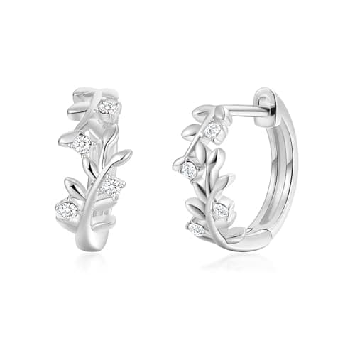 Image of Philip Jones Silver Plated Leaf Hoop Earrings Created with Zircondia® Crystals