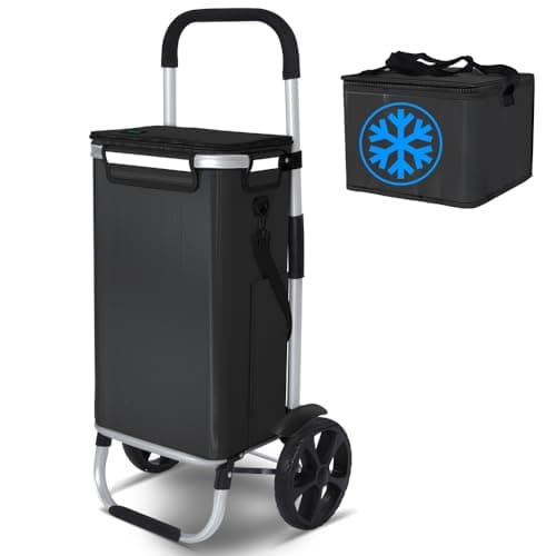 Image of VOUNOT® Folding Shopping Trolley, Aluminium Lightweight Shopping Basket with Insulated Cooling Bag, Waterproof Fabric, Mudguard Stair Climbing Wheels Grocery Trolley, 58L Black